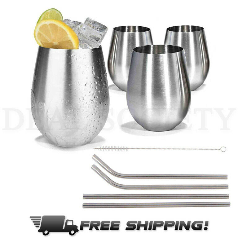 Stainless Steel Stemless Wine Glasses, Set Of 4, 18 Oz + Metal Straws! Bpa Free