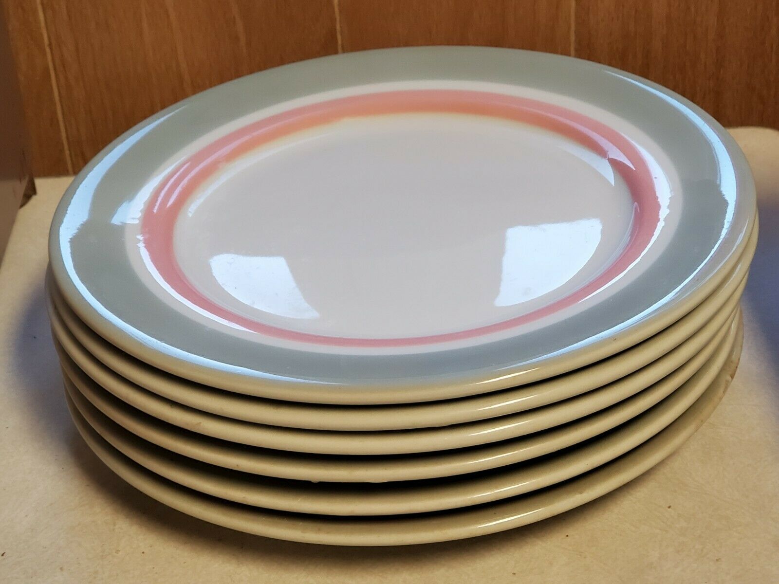 6 Shenango Dinner Plates Restaurant Ware Pink And Grey Gray Stripes - Set Of 6