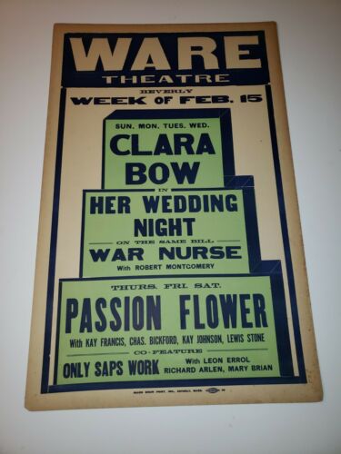 Original Vtg Poster Ware Theater Beverly Ma Her Wedding Night & Passion Flower