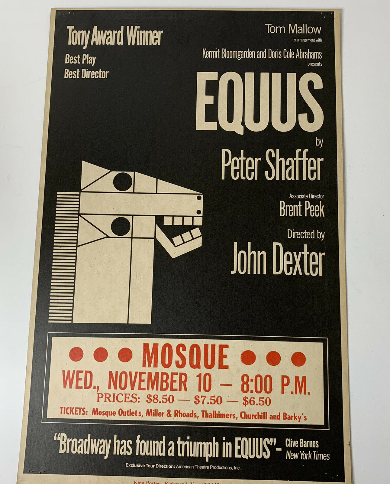 Vintage Equus Mosque Schaffer Theater Window Card Poster Richmond Mallow Barkys